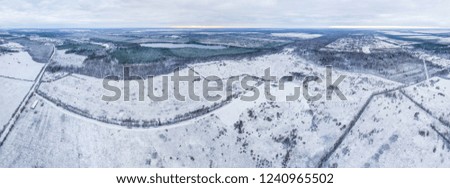 Aerial view of the lake, snow field and winter forest