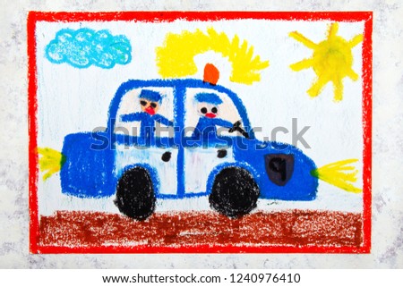 Colorful hand drawing: police car and two policemen