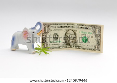 Elephant and money with green plant isolated at the white background gives a luck
