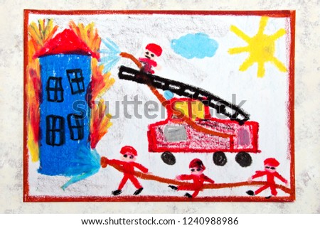 Colorful hand drawing: red fire truck with a ladder. Firefighters extinguish a fire