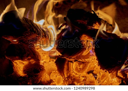 Beautiful red flame of fire on oak wood. Dark gray and black flaming coals. Burning wood in a Russian stove for home heating and cooking.