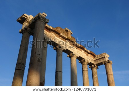Detail photo of iconic ancient ruins of Roman Forum in the heart of Rome, Italy            