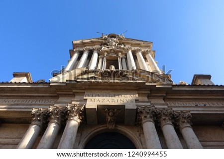 Detail photo of architectural masterpiece of Sant Vincenzo and Anastasio in iconic Fontana di Trevi, Rome, Italy