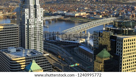 An aerial of Cincinnati city center scene