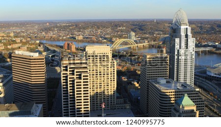 An aerial scene of Cincinnati city center