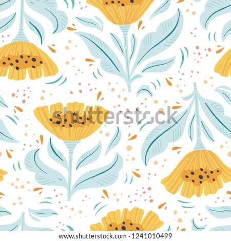 Floral flat hand drawn seamless color pattern. Cartoon texture with vintage flowers, leaves. Floral ornament scandinavian style illustration. Sketch wrapping paper, textile, background vector fill