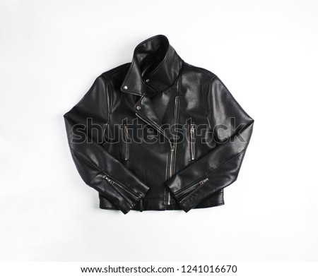 Classic vintage black leather bikers jacket shot from the front isolated on white. Royalty-Free Stock Photo #1241016670