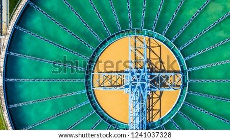 Water treatment solution, Industrial water treatment‎, Aerial top view recirculation solid contact clarifier sedimentation tank, Ecosystem and healthy environment concepts and background. Royalty-Free Stock Photo #1241037328