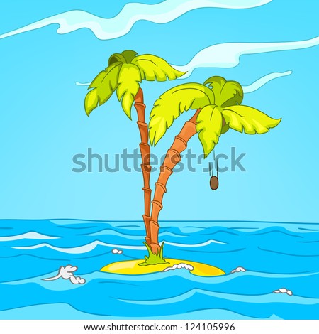 Seascape. Island, Palms and Surf . Vector Cartoon Background. The artwork don't have transparent objects.