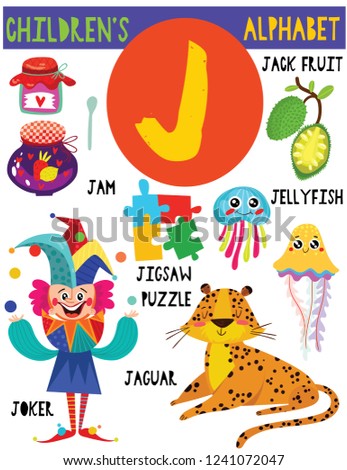 Letter J.Cute children's alphabet with adorable animals and other things.Poster for kids learning English vocabulary.Cartoon vector illustration.