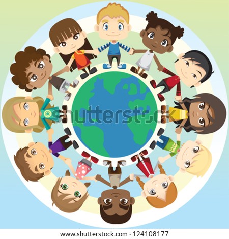 A vector illustration of multi ethnic group of children holding hands around the globe