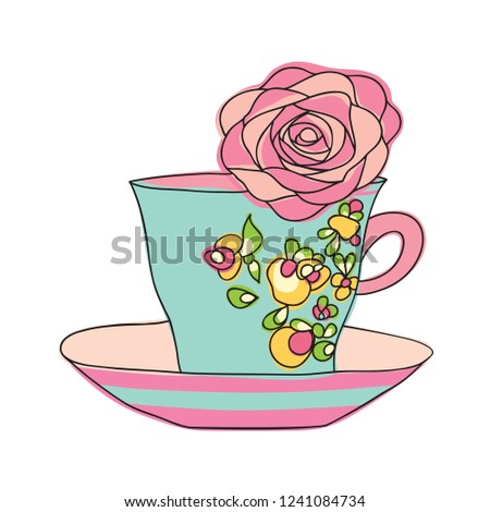 elegant Cup and saucer. on the Cup are painted flowers, and inside the Cup is a flower