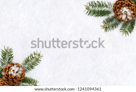 Christmas decoration. Frame of cones pine and twigs christmas tree covered snow on snow with space for text. Top view, flat lay