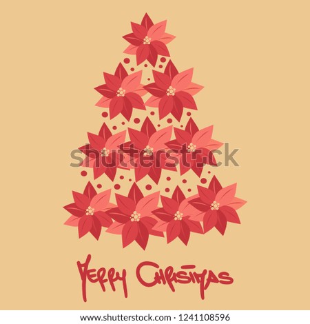 cute hand drawn lettering merry christmas vector card with decorative poinsettia tree 