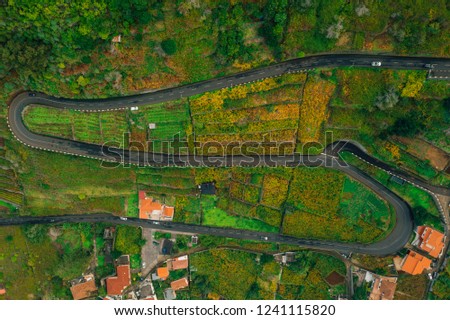 Perfect road with turns and curves. Aerial view from above.