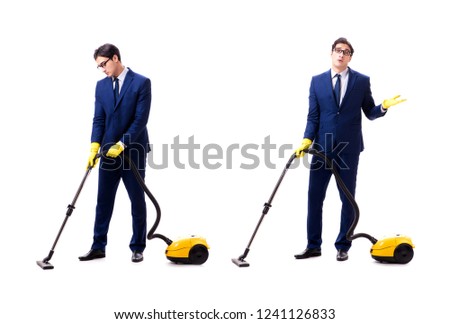 Young handsome businessman with vacuum cleaner isolated on white