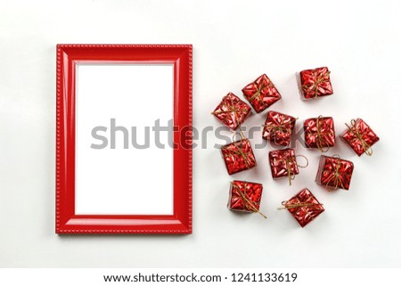 Christmas decoration equipment and photo frame on white background with copy space for your design.