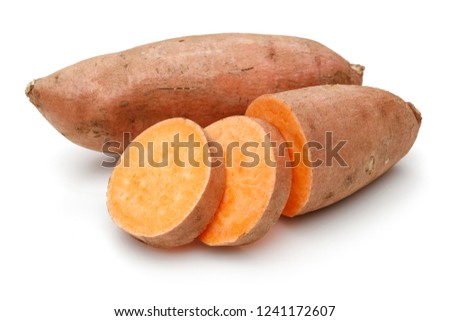 Sweet potato with slices isolated on white background Royalty-Free Stock Photo #1241172607
