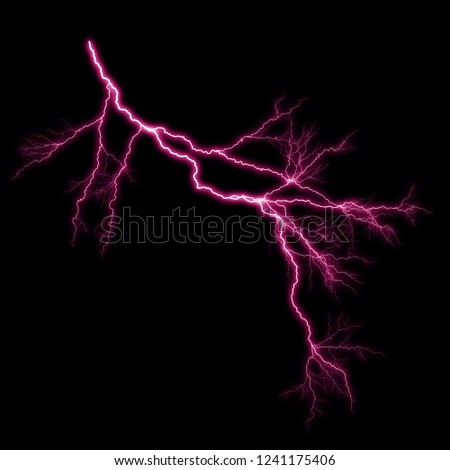 Isolated realistic pink electrical lightning strike visual effect on black night background. Energy change. 