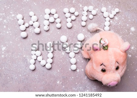 Lucky pig with english sweet berry text Happy New Year English New Year Greetings, snow on background