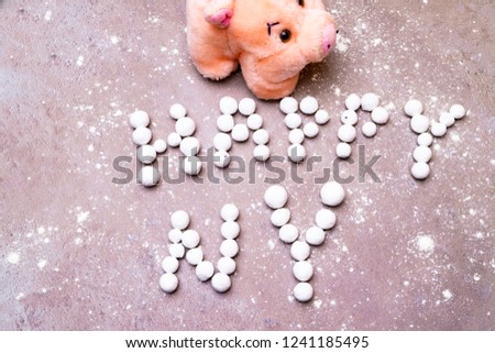 Lucky pig with english sweet berry text Happy New Year English New Year Greetings, snow on background