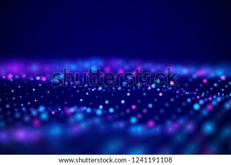 Abstract digital landscape or soundwaves with flowing particles. Big data technology background. Visualization of sound waves. Virtual reality concept: 3D digital surface. EPS 10 vector illustration.