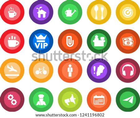 Round color solid flat icon set - arrival vector, spoon and fork, vip, manager, coffee, place, watering can, bike, cash, loudspeaker, headphones, paper clip, cook, eco house, gear, smoke detector
