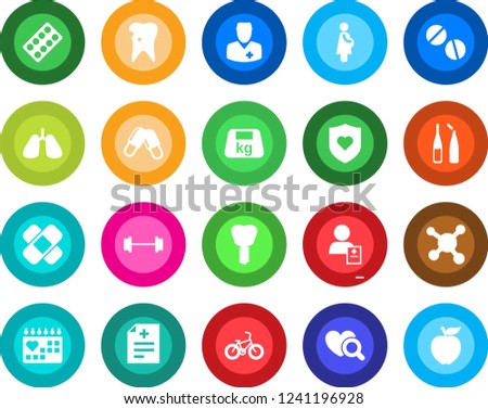 Round color solid flat icon set - diagnosis vector, heart diagnostic, pills, blister, ampoule, patch, barbell, bike, shield, lungs, caries, implant, medical calendar, doctor, patient, pregnancy