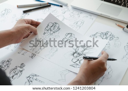 Animator designer Development designing drawing sketching development creating graphic pose characters sci-fi robot Cartoon illustration animation video game film production , animation design studio.