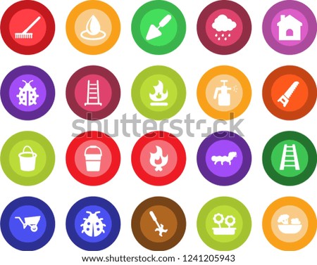 Round color solid flat icon set - trowel vector, rake, ladder, wheelbarrow, bucket, saw, lady bug, fire, house, water drop, rain, caterpillar, garden sprayer, ripper, flower in pot, salad