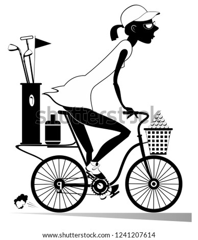 Young woman rides the bike and goes to play golf illustration. Young woman on the bike is on the way to the golf course black on white illustration 
