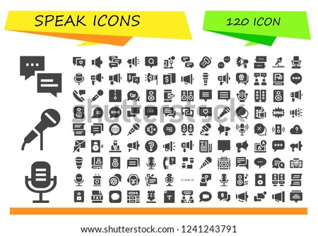 Vector icons pack of 120 filled speak icons. Simple modern icons about  - Chat, Microphone, Speaker, Comments, Megaphone, Comment, Bubbles, Conversation, Walkie, Talk, Propaganda, Message