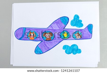 Kid drawing of flying airplane among clouds with animals as passengers looking out of aircraft porthole on white background - child colorful scribble doodle of travel theme.