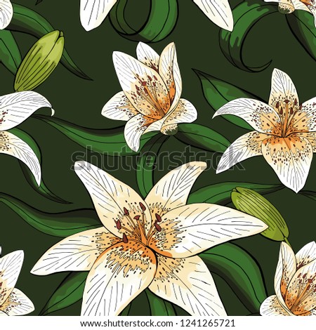 Lily tiger type on green leaves nature pattern seamless. Cloth textile fabrics, paper wrapping or tiles wall backround