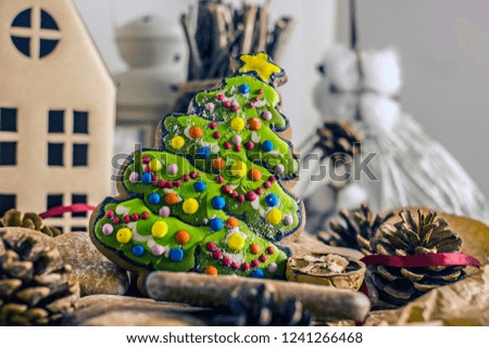 Christmas shortbread cookies in the form of Christmas trees, stars, snowman - Christmas background