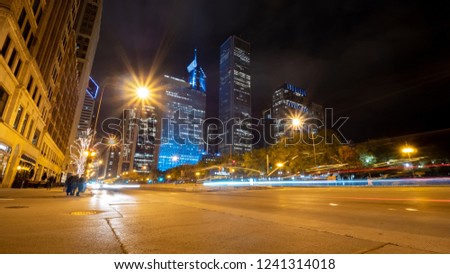Low Angle Wide of Chicago Busy Street At Night