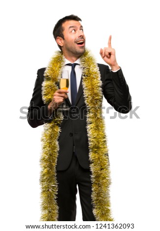 Man with champagne celebrating new year 2019 standing and thinking an idea pointing the finger up on isolated white background