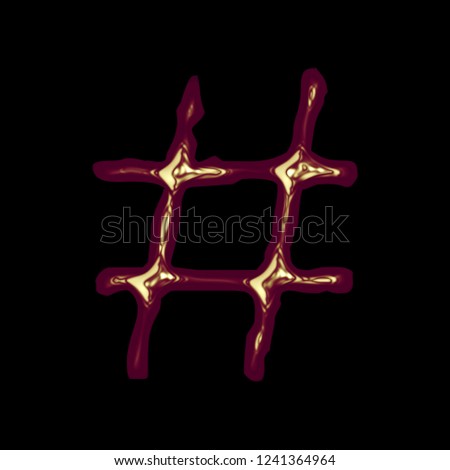 Colorful pink gold hashtag social media icon or pound sign symbol 3D illustration with a shiny golden red style with glossy highlights in a jagged edge font isolated on a black background