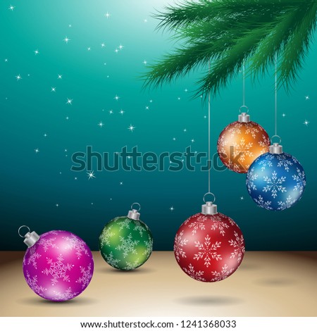 Vector Illustration of Dark Green Christmas Background with Glossy Colorful Balls