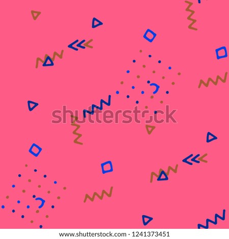 Vintage Memphis Texture. Seamless Background for Wallpaper, Fabric, Swimwear in Trendy Style. Colorful Geometric Pattern with Hand Drawn Scribble Elements. Colorful Triangles, Rings, Zigzags and Dots.