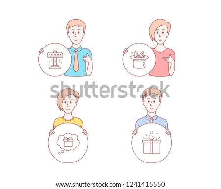People hand drawn style. Set of Attraction, Hat-trick and Gift dream icons. Special offer sign. Free fall, Magic hat, Receive a gift. Delivery box.  Character hold circle button. Man with like hand