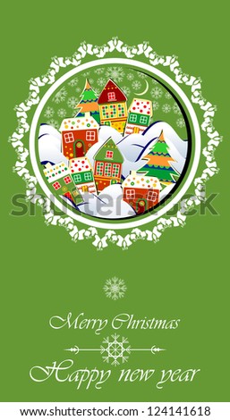 Window View on Snow-covered Village by Night, Raster Clip-Art Illustration