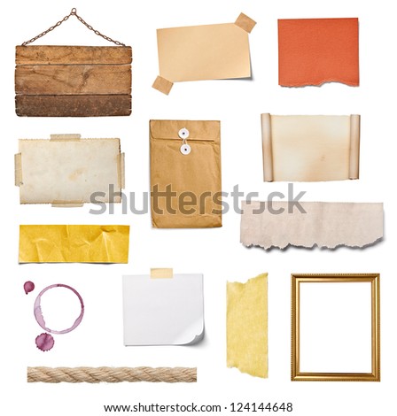 collection of various grunge paper pieces and objects on white background. each one is shot separately