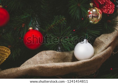 Christmas Pic. New Year background. Christmas tree decorations. Christmas balls (Red, Gold, White) xmas mock up