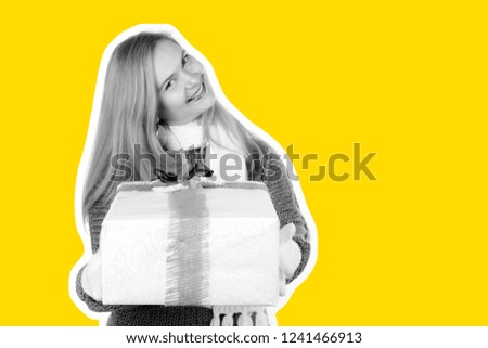 Pretty adult woman dressed in warm sweater, gloves and scarf gives a gift. Christmas, New Year and birthday celebration concept. Detailed closeup studio shot. Magazine style fashion collage