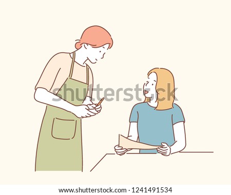 A female employee is ordering food from the restaurant in the restaurant. hand drawn style vector design illustrations.