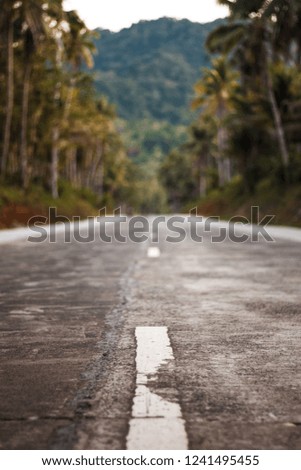 Focus on asphalt road in middle of the beautiful Island surrounded with big mountains and many palm trees.