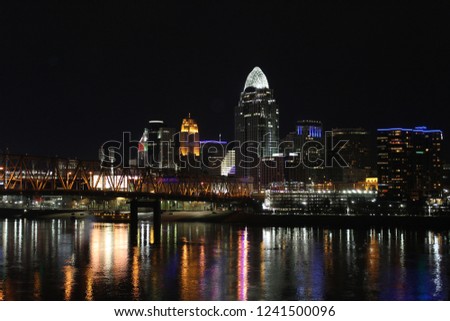 Colorful city lights at night reflected in river