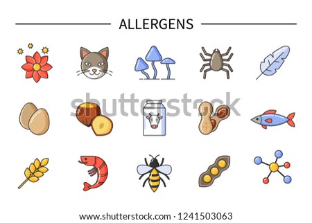 Allergens causing allergy, food and environmental causes vector. Flowers eggs, cats fur and dust, feather and fish, shrimps and bees, wheat and nut