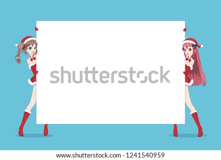 Two Japanese Asian woman looks out from behind the poster and smiling. Isolated portrait. Cartoon anime manga schoolgirl character. White paper mockup